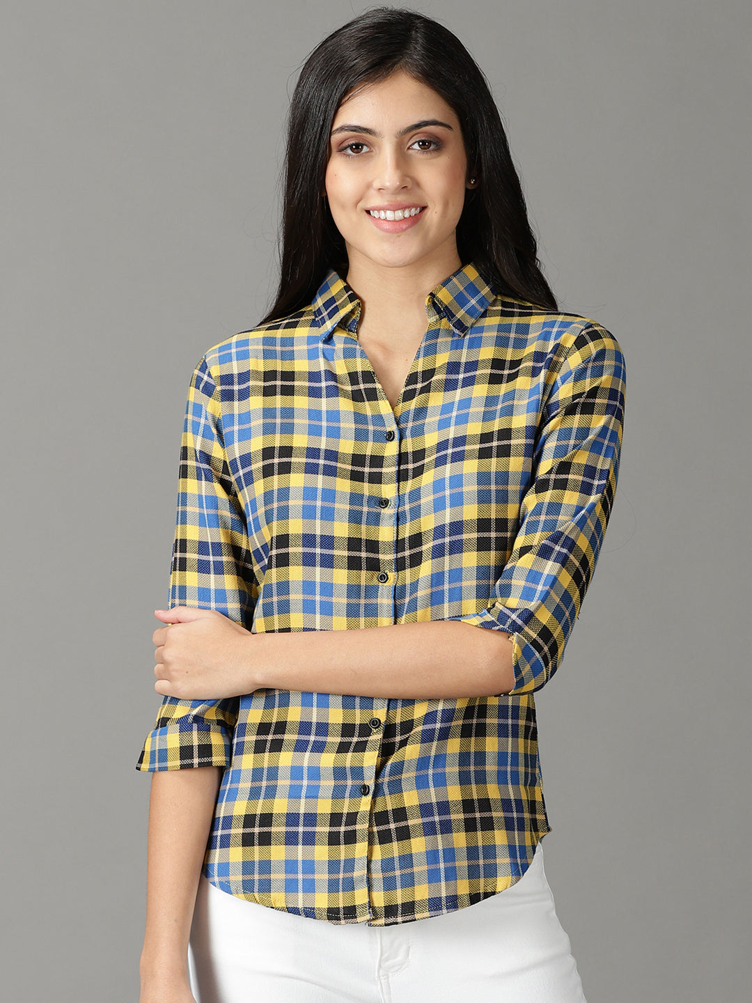 Women's Yellow Tartan Checks Casual Cotton Shirt