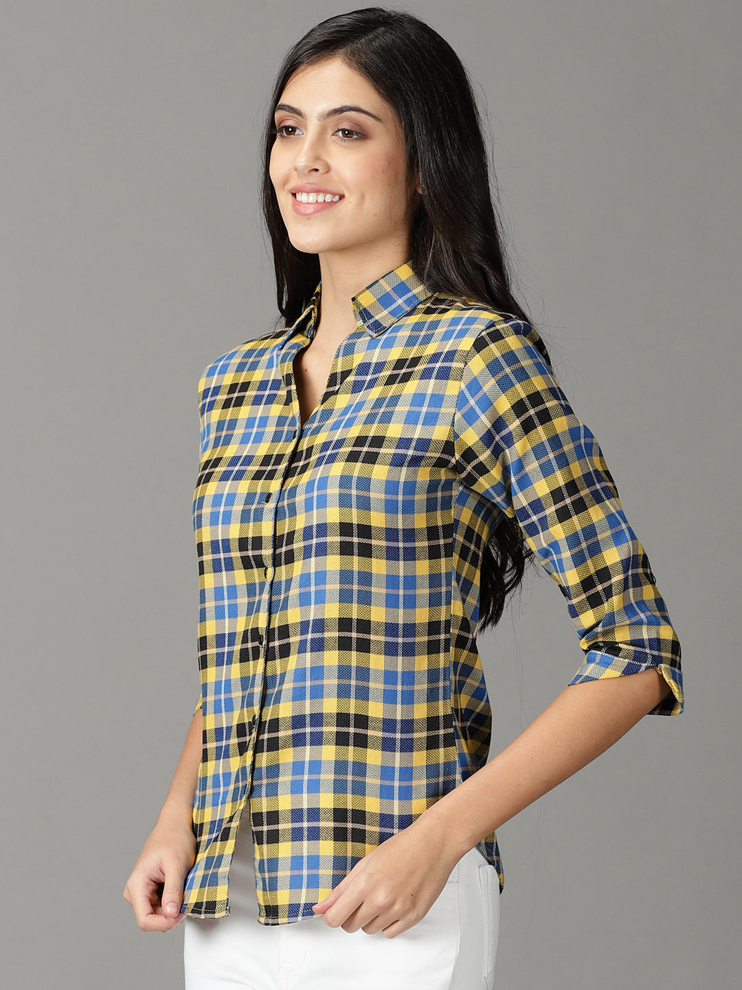 Women's Yellow Tartan Checks Casual Cotton Shirt
