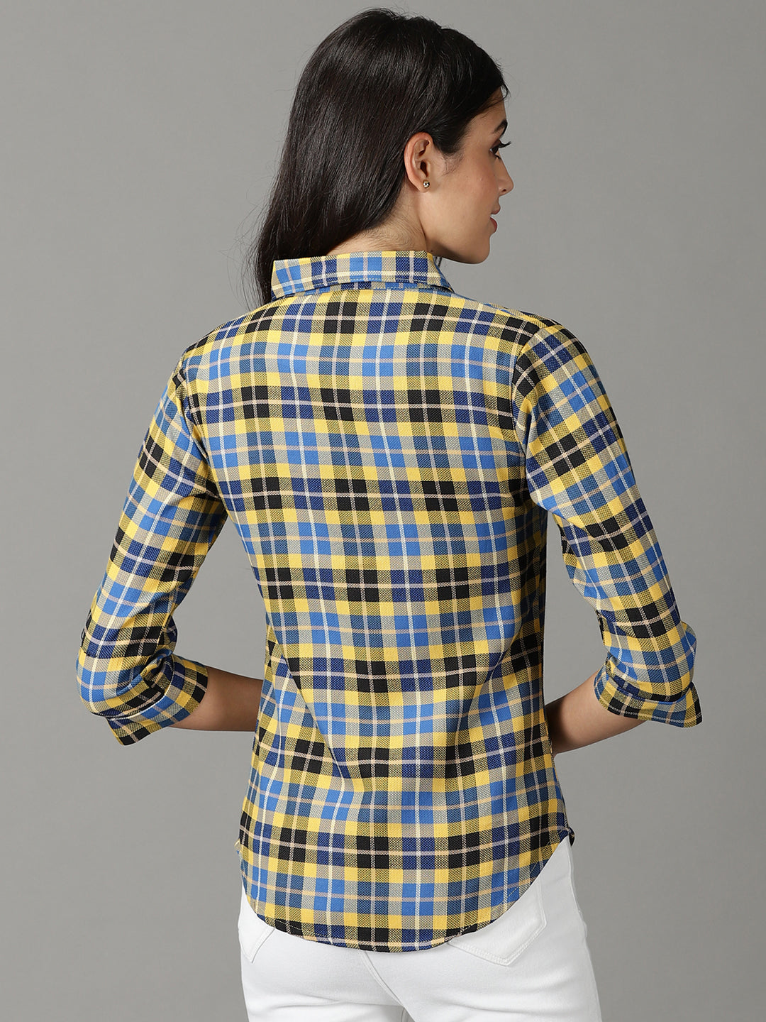 Women's Yellow Tartan Checks Casual Cotton Shirt