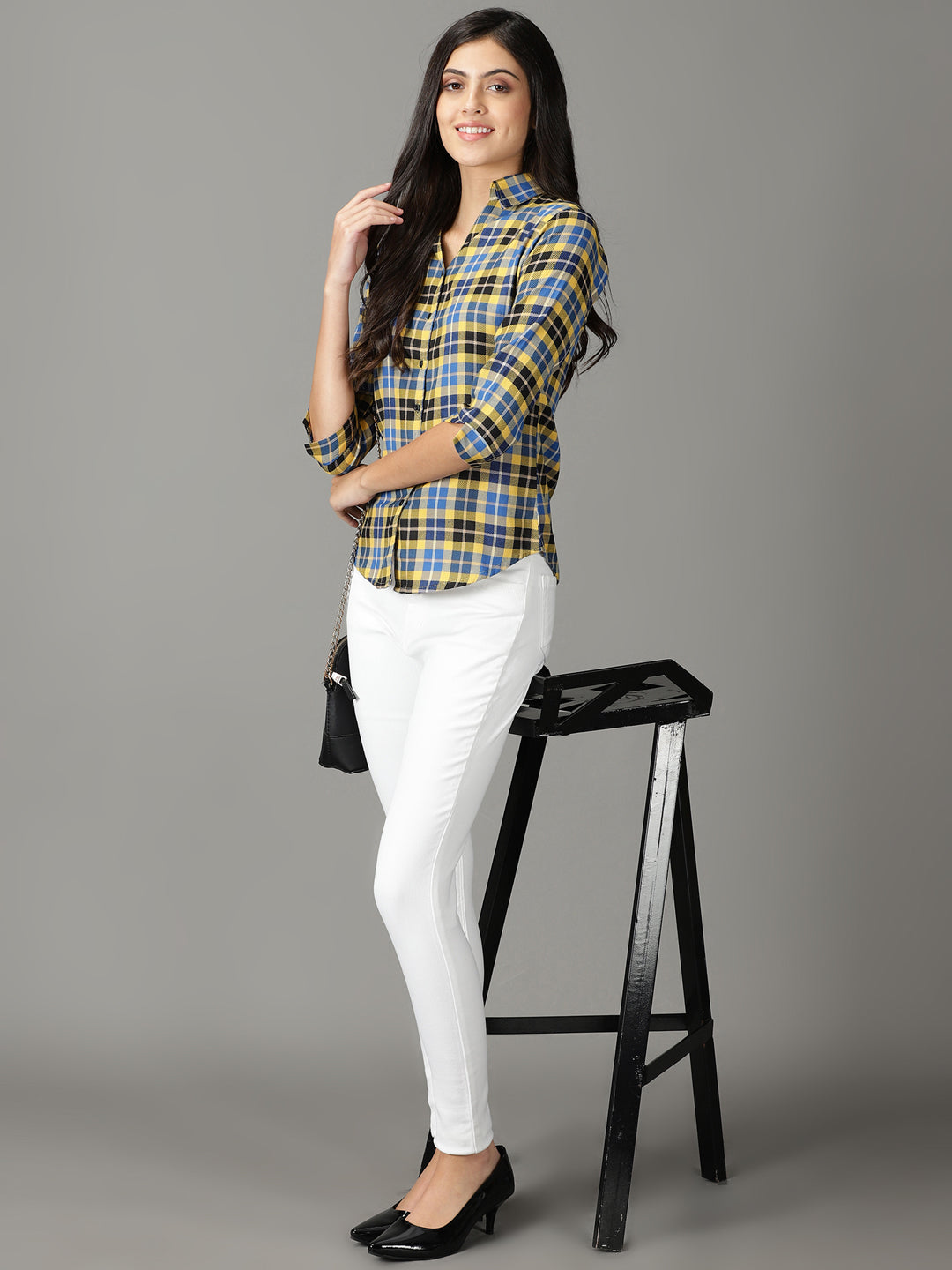 Women's Yellow Tartan Checks Casual Cotton Shirt