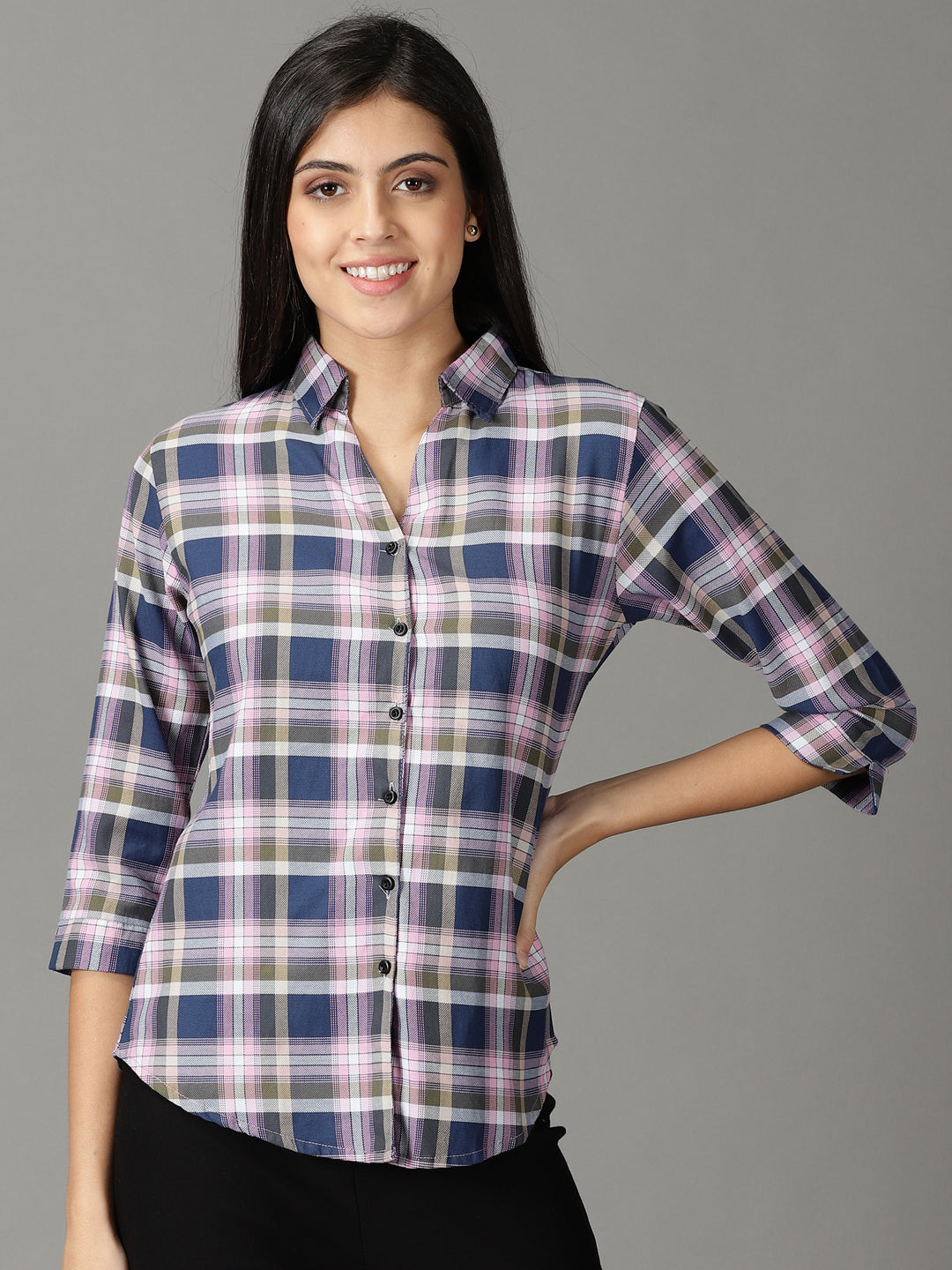 Women's Pink Tartan Checks Casual Cotton Shirt