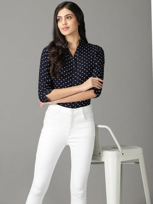 Women's Navy Blue Printed Casual Shirt