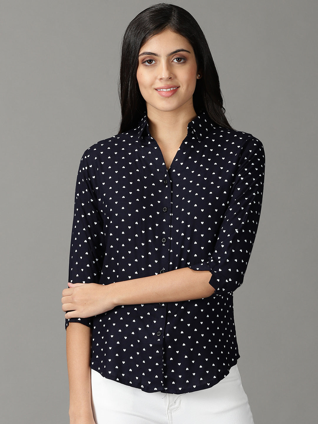 Women's Navy Blue Printed Casual Shirt