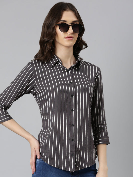 Women's Grey Standard Slim Fit Vertical Striped Casual Shirt