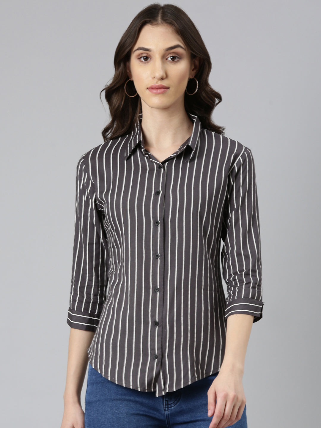 Women's Grey Standard Slim Fit Vertical Striped Casual Shirt