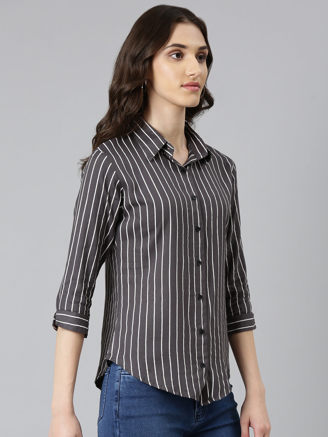 Women's Grey Standard Slim Fit Vertical Striped Casual Shirt