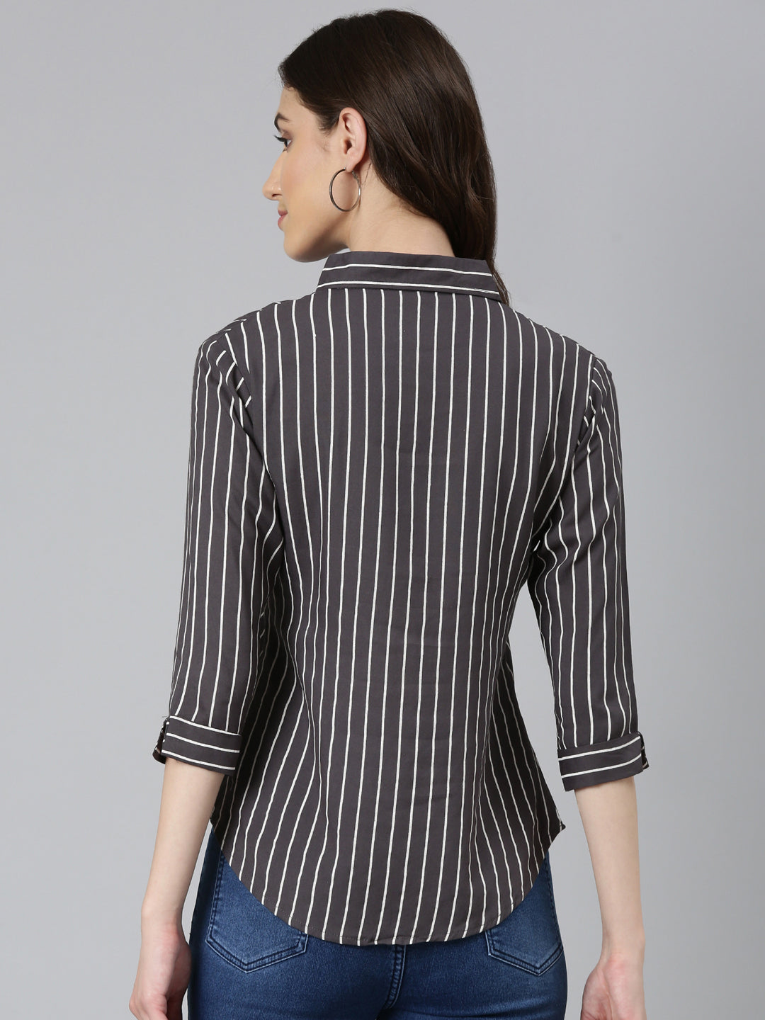 Women's Grey Standard Slim Fit Vertical Striped Casual Shirt