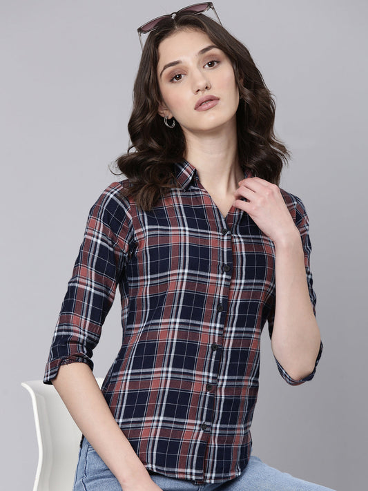 Women's Navy Blue Slim Fit Tartan Checks Spread Collar Twill Cotton Casual Shirt