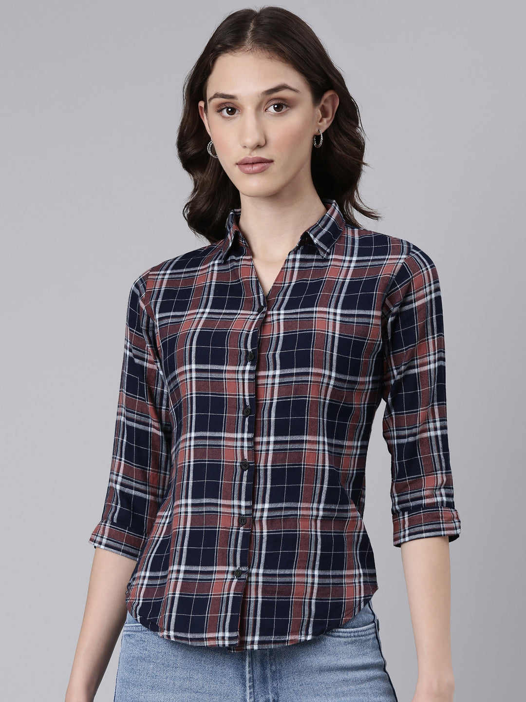 Women's Navy Blue Slim Fit Tartan Checks Spread Collar Twill Cotton Casual Shirt