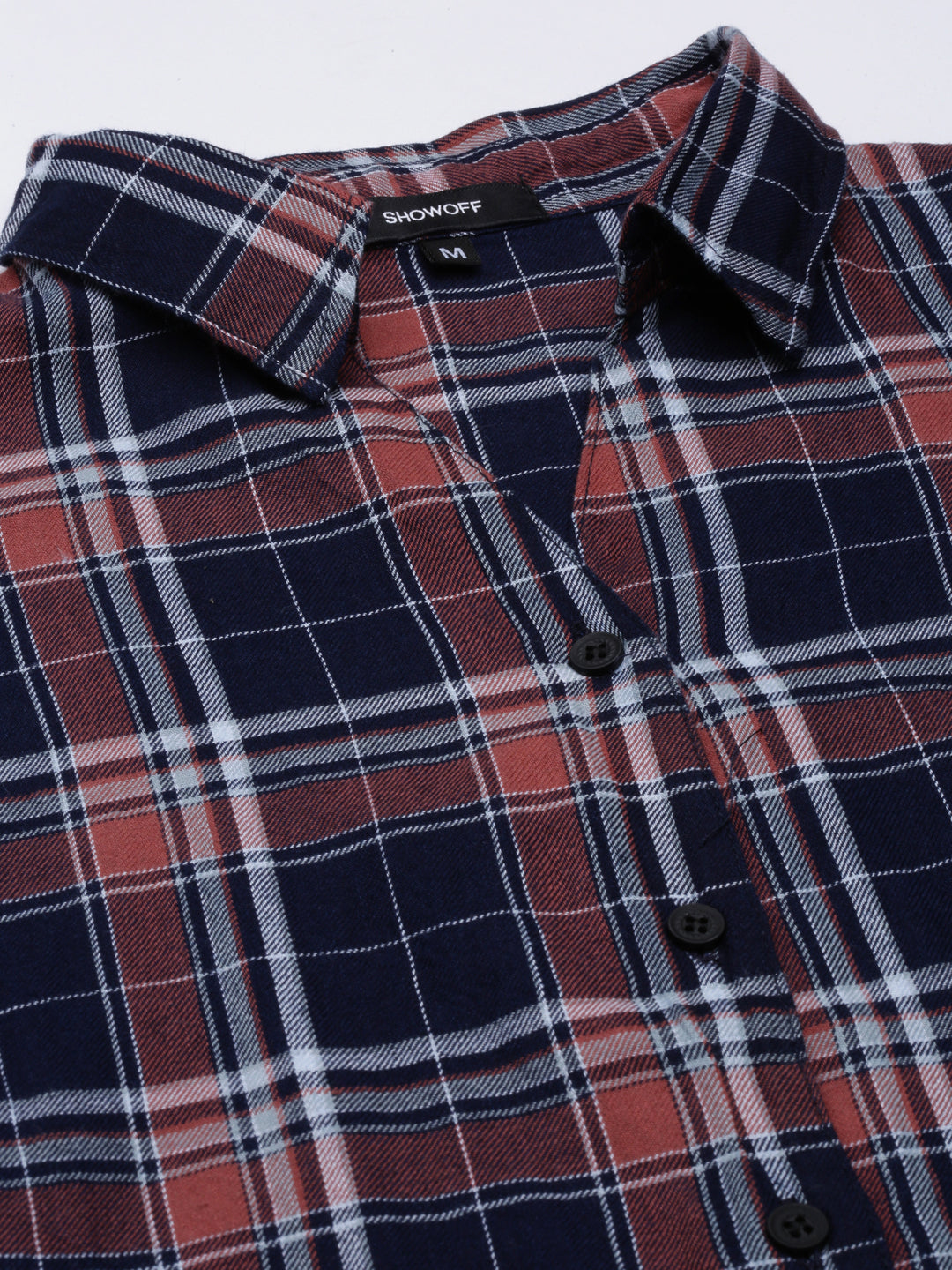 Women's Navy Blue Slim Fit Tartan Checks Spread Collar Twill Cotton Casual Shirt