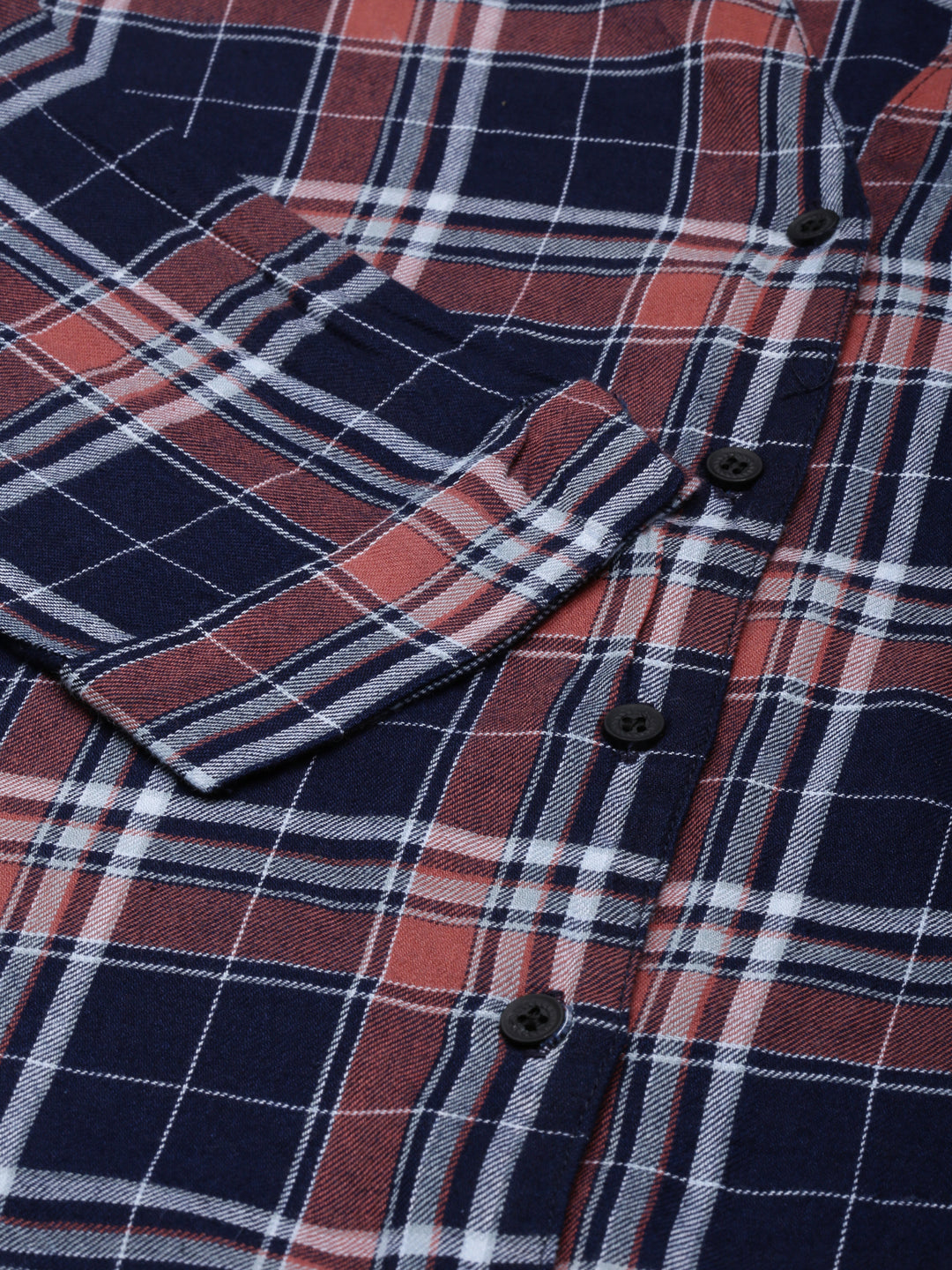 Women's Navy Blue Slim Fit Tartan Checks Spread Collar Twill Cotton Casual Shirt