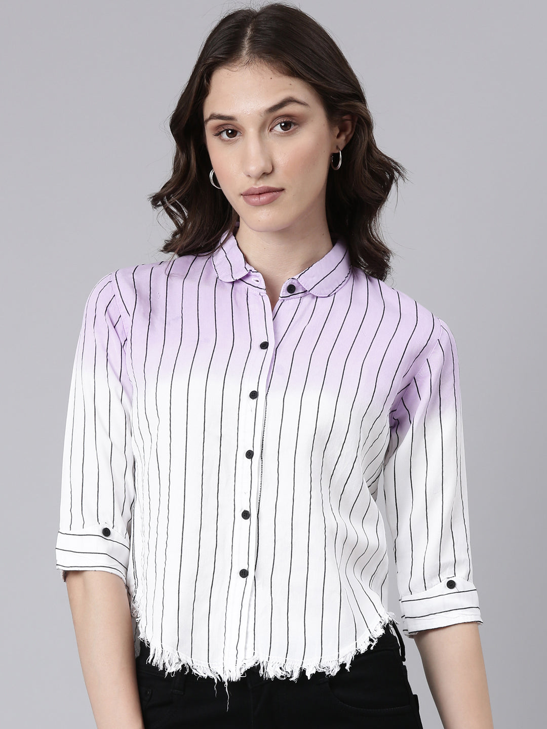 Women's Lavender Slim Fit Striped Cotton Casual Shirt