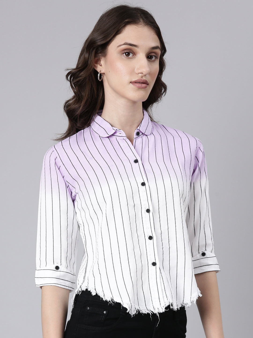 Women's Lavender Slim Fit Striped Cotton Casual Shirt
