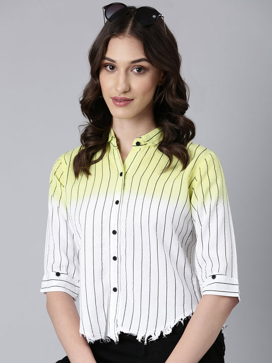 Women's Yellow Vertical Striped Cotton Casual Shirt