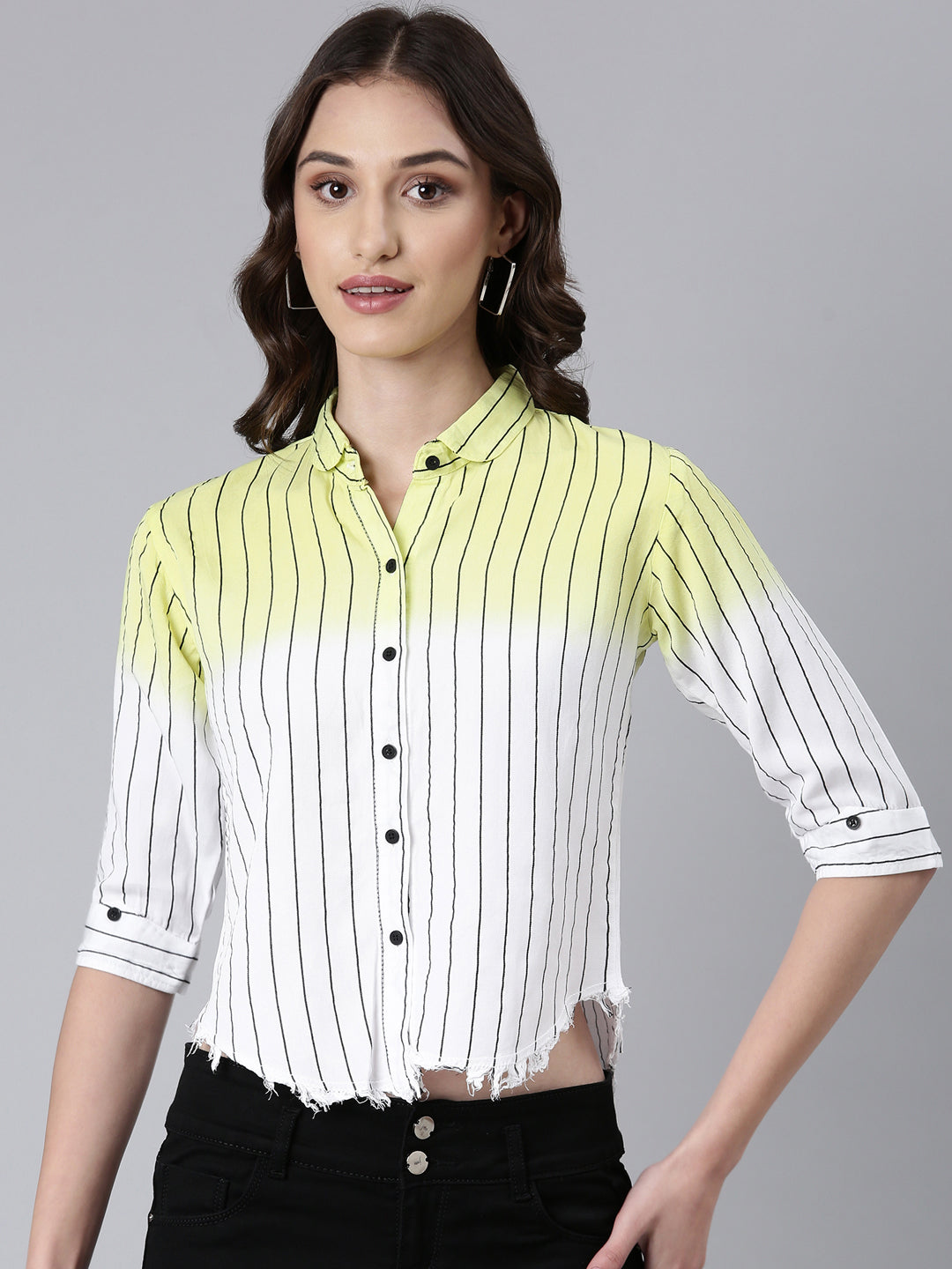 Women's Yellow Vertical Striped Cotton Casual Shirt