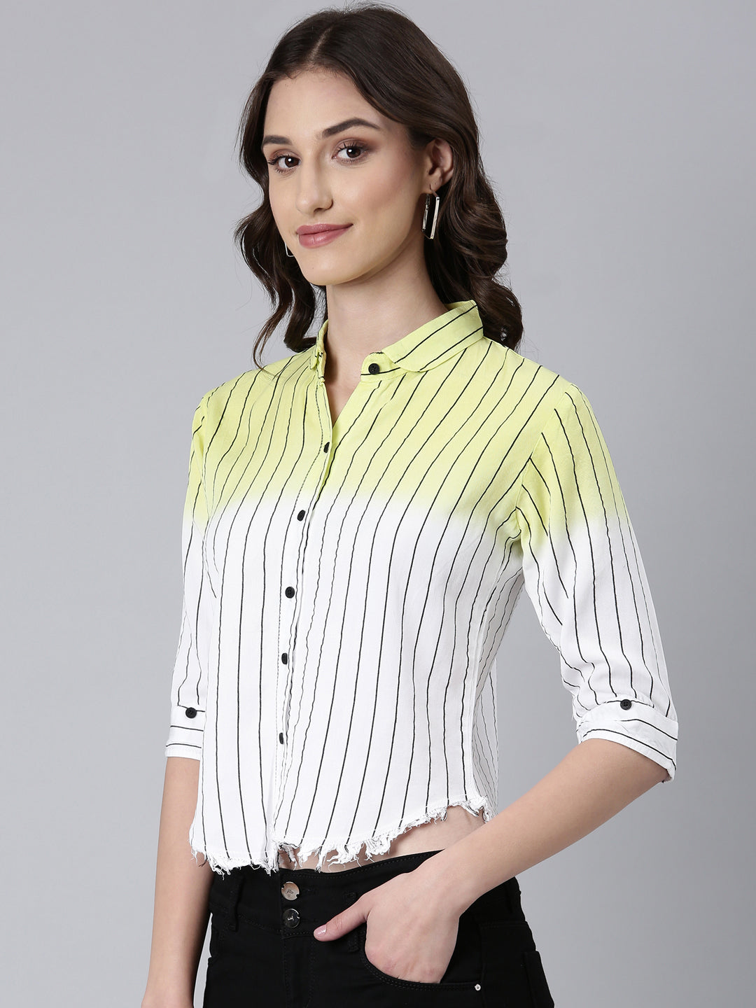Women's Yellow Vertical Striped Cotton Casual Shirt