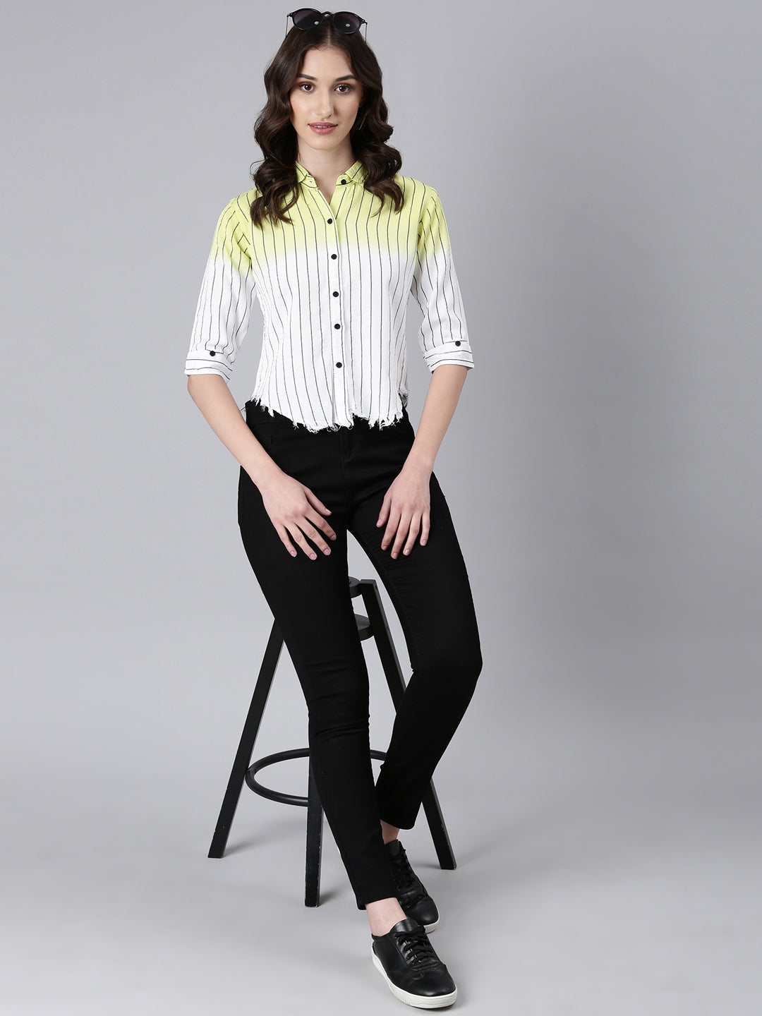 Women's Yellow Vertical Striped Cotton Casual Shirt
