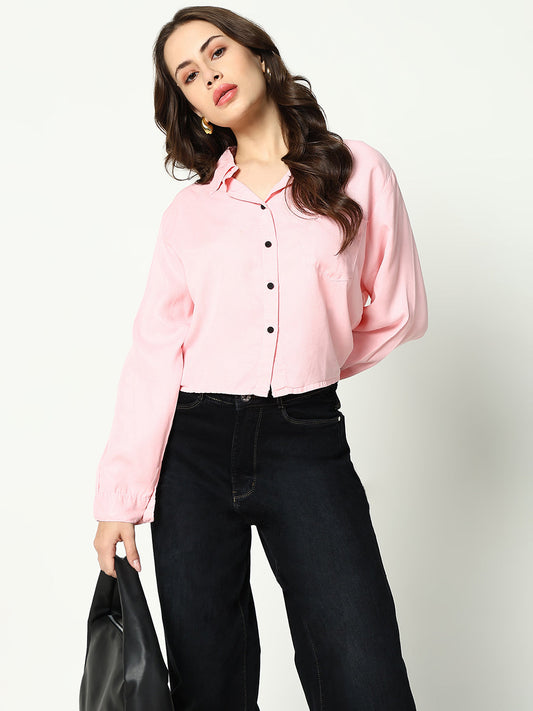 Women's Pink Spread Collar Casual Crop Shirt