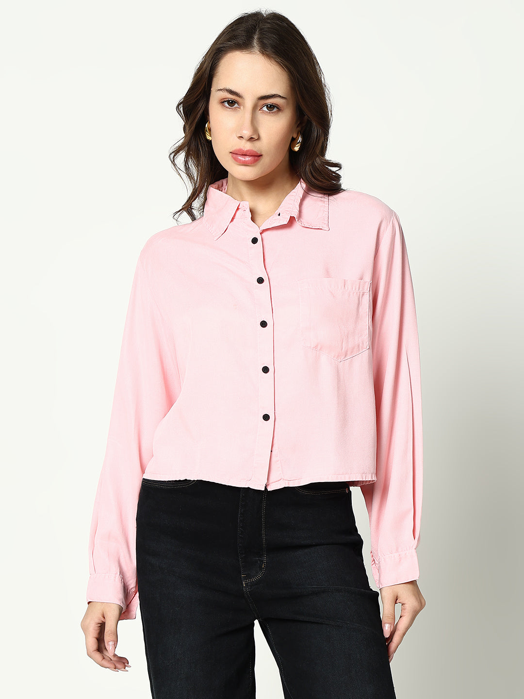 Women's Pink Spread Collar Casual Crop Shirt