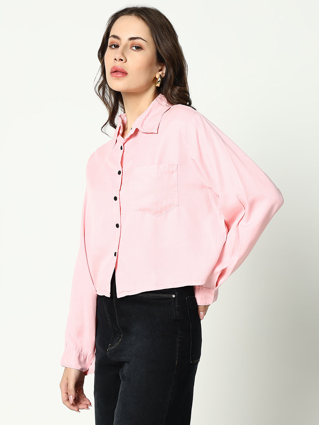 Women's Pink Spread Collar Casual Crop Shirt