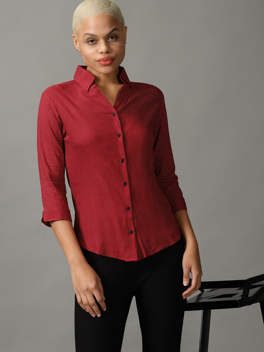 Women's Red Printed Cotton Casual Shirt