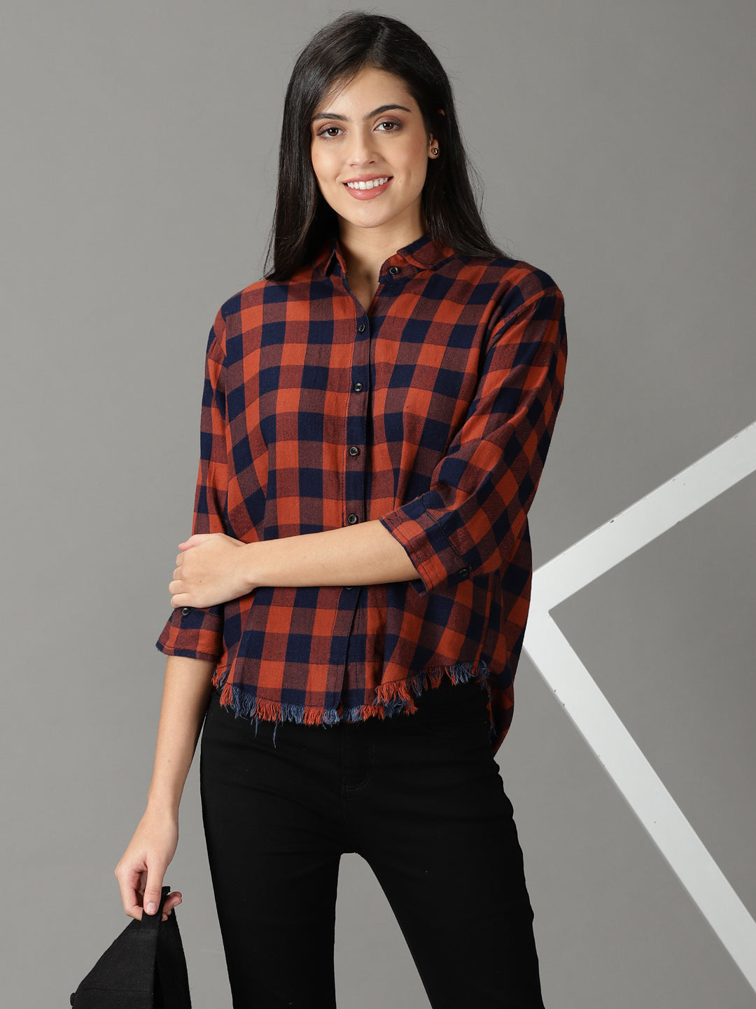 Women's Rust Boxy Buffalo Checks Oversized Cotton Casual Shirt