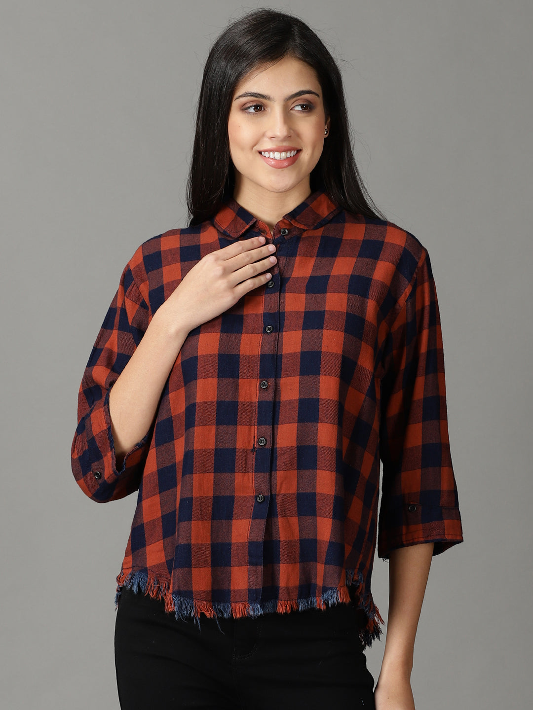 Women's Rust Boxy Buffalo Checks Oversized Cotton Casual Shirt