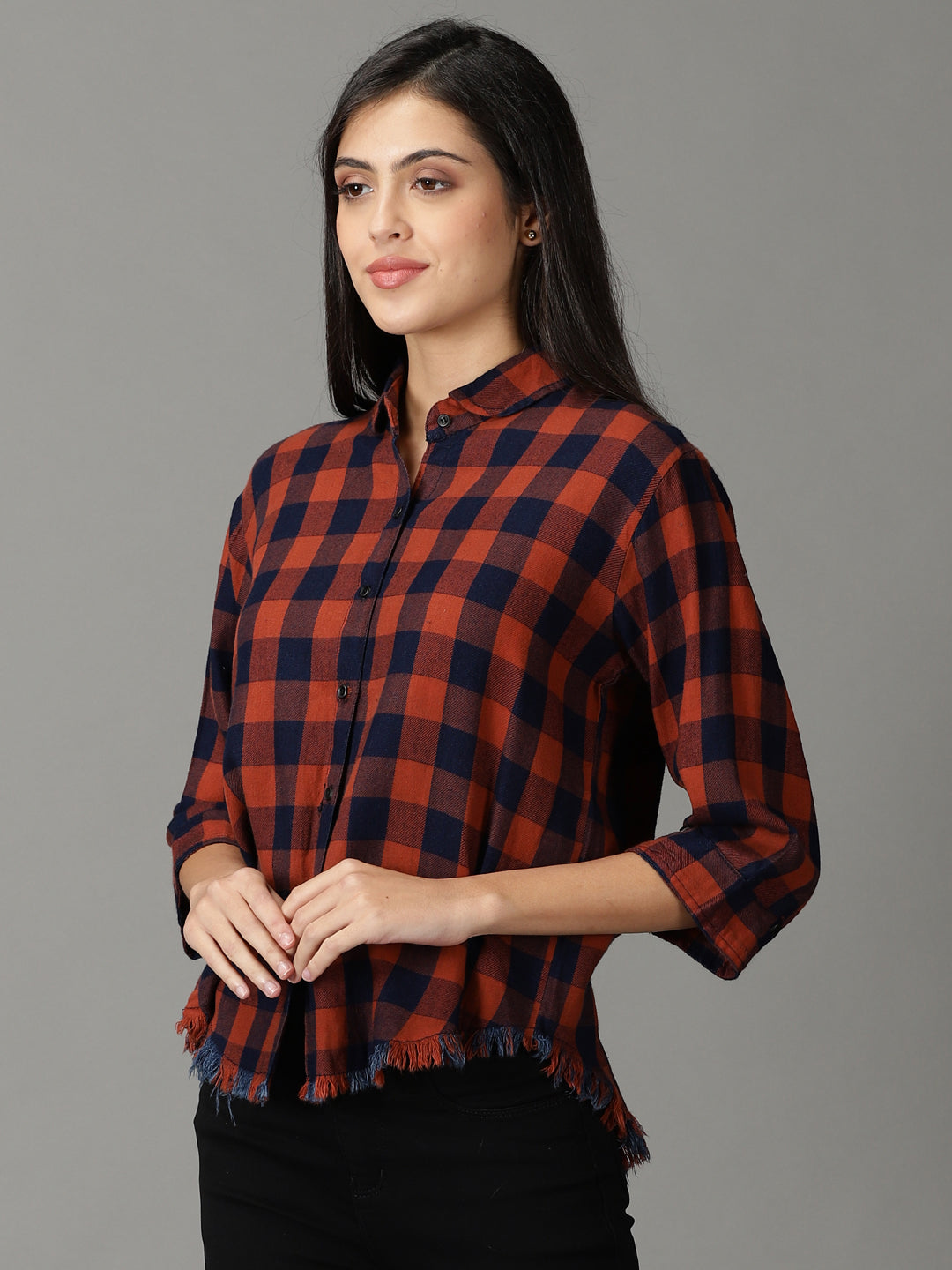Women's Rust Boxy Buffalo Checks Oversized Cotton Casual Shirt