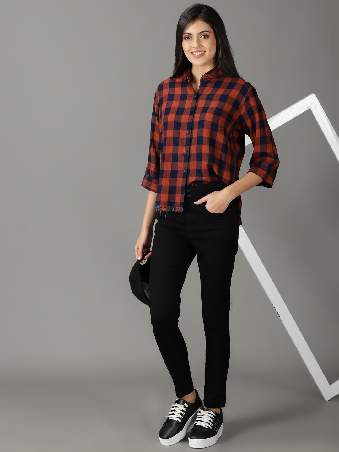 Women's Rust Boxy Buffalo Checks Oversized Cotton Casual Shirt