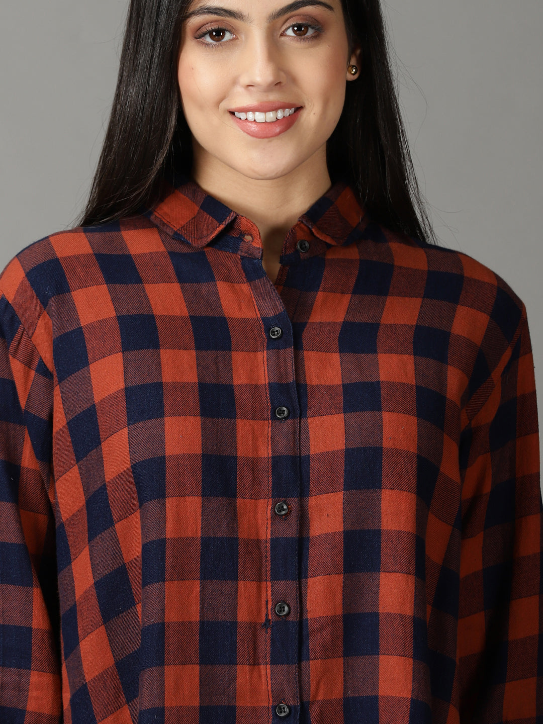 Women's Rust Boxy Buffalo Checks Oversized Cotton Casual Shirt