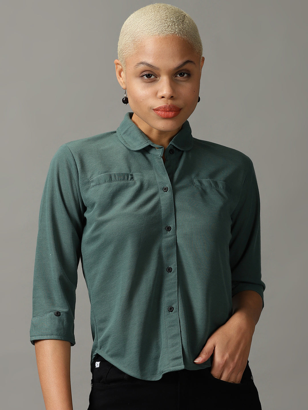 Women's Green Peter Pan Collar Casual Shirt