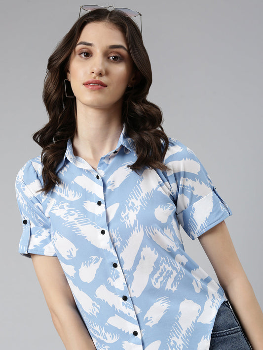 Women's Blue Slim Fit Abstract Printed Spread Collar Casual Shirt