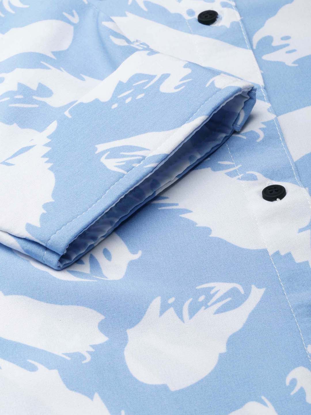 Women's Blue Slim Fit Abstract Printed Spread Collar Casual Shirt