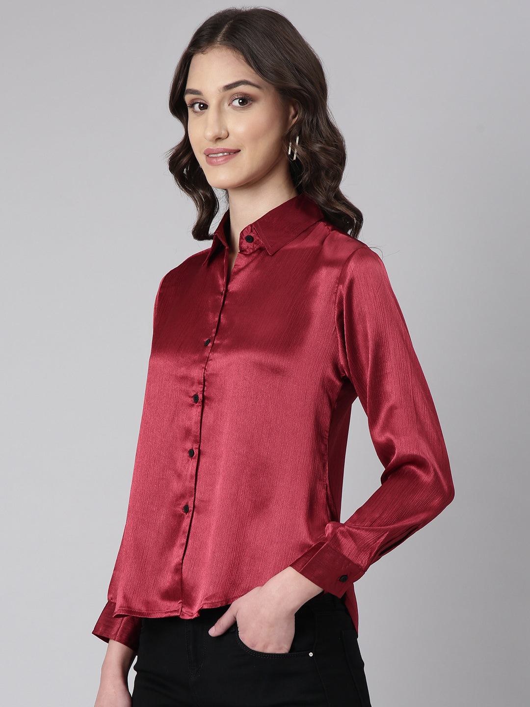 Women's Maroon Slim Fit Crepe Casual Shirt