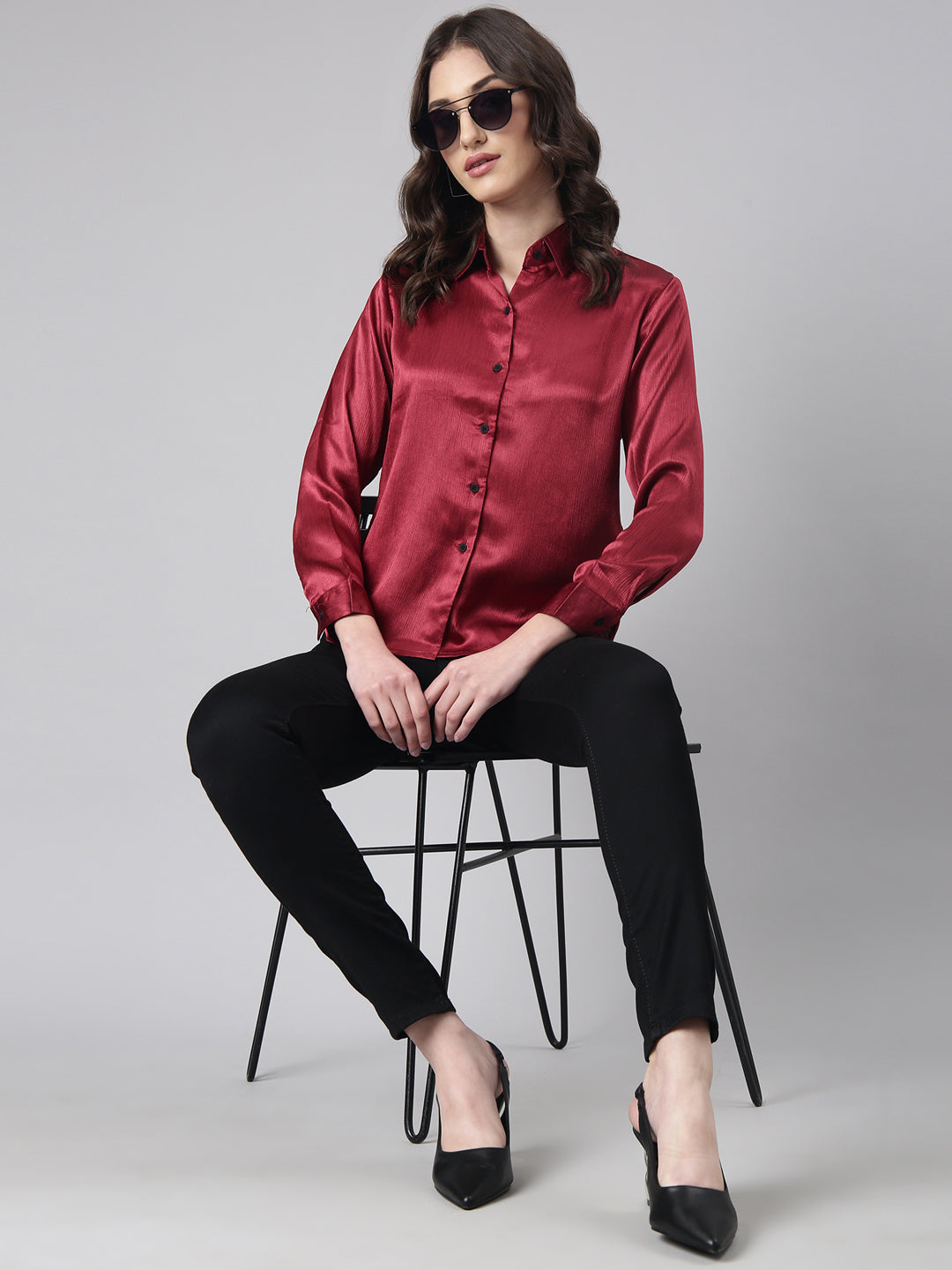 Women's Maroon Slim Fit Crepe Casual Shirt
