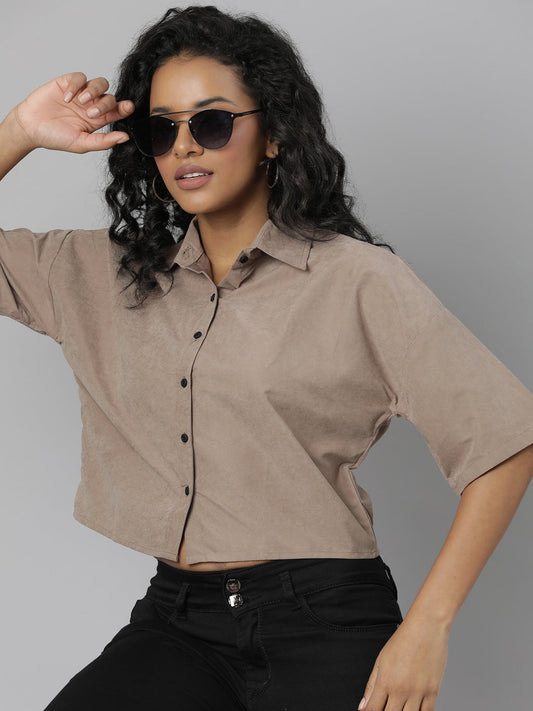 Women's Beige Standard Boxy Cotton Casual Shirt
