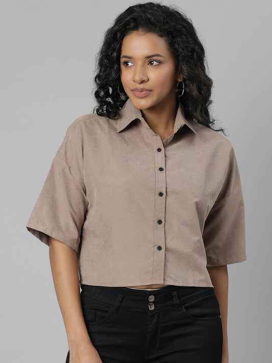 Women's Beige Standard Boxy Cotton Casual Shirt