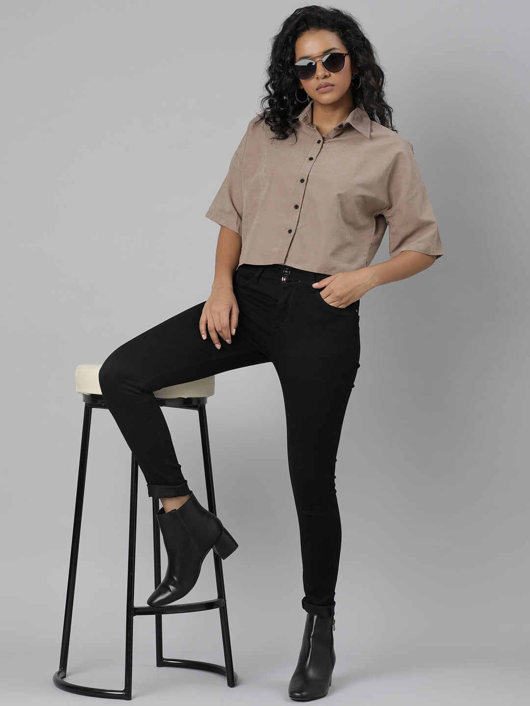 Women's Beige Standard Boxy Cotton Casual Shirt