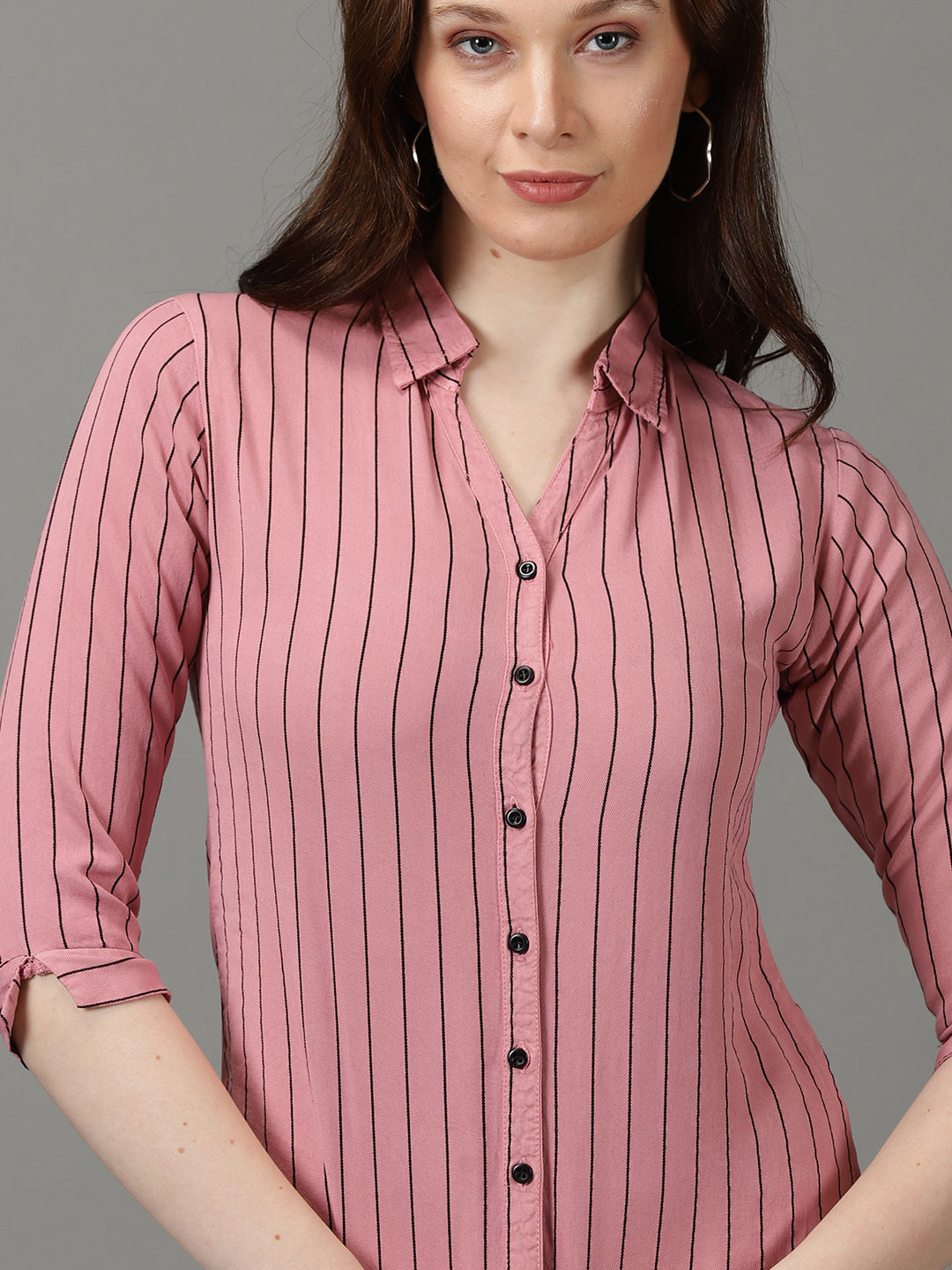 Women's Pink Spread Collar Striped Casual Shirt
