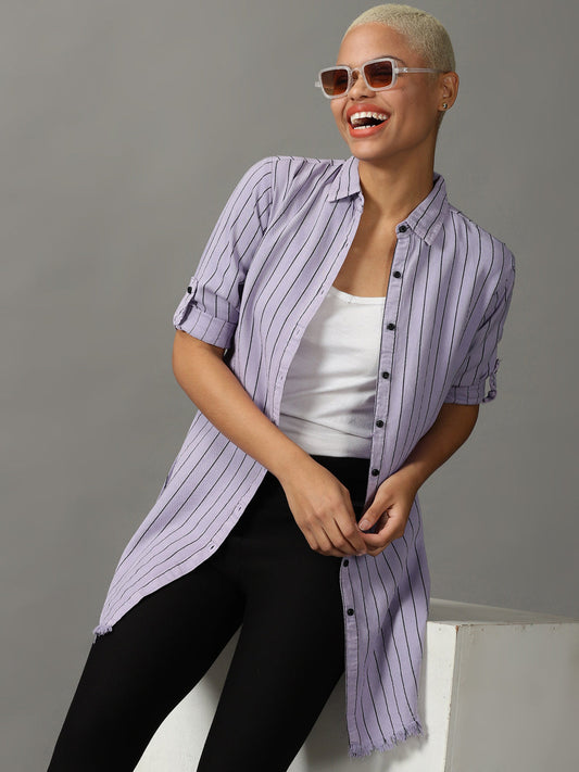 Women's Lavender Striped Casual Longline Shirt
