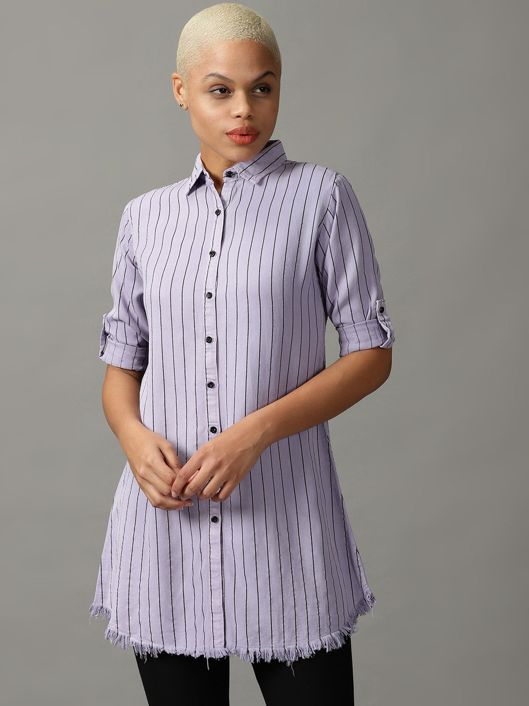 Women's Lavender Striped Casual Longline Shirt