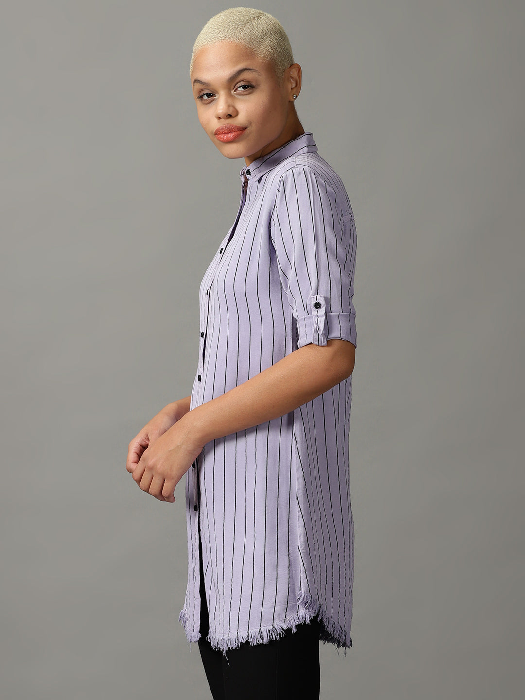 Women's Lavender Striped Casual Longline Shirt