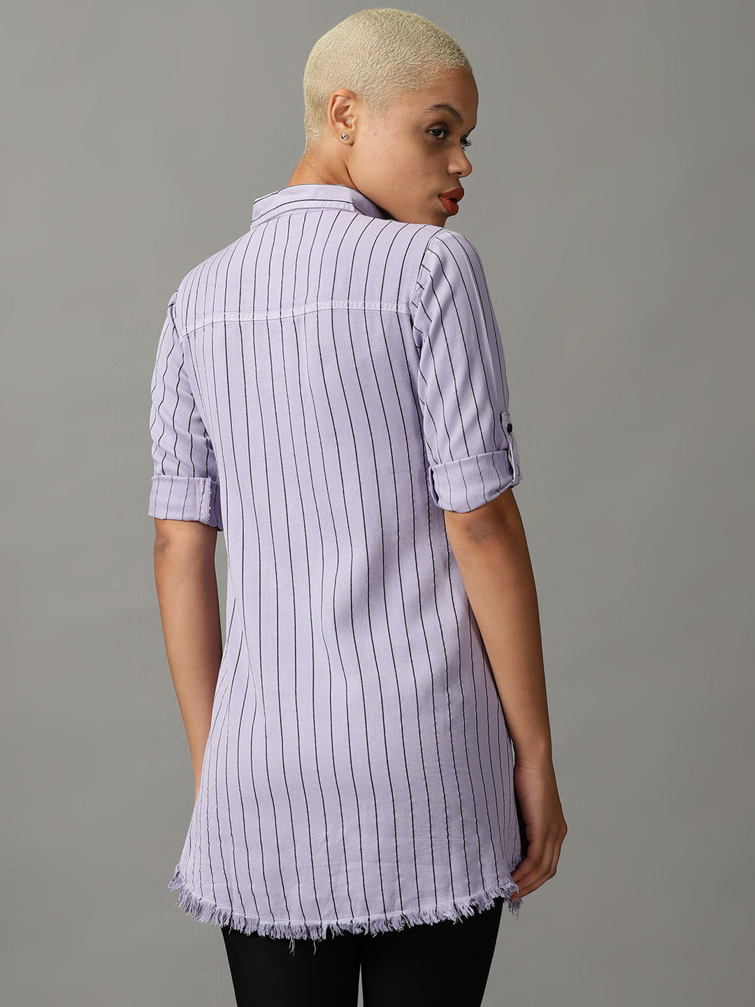 Women's Lavender Striped Casual Longline Shirt