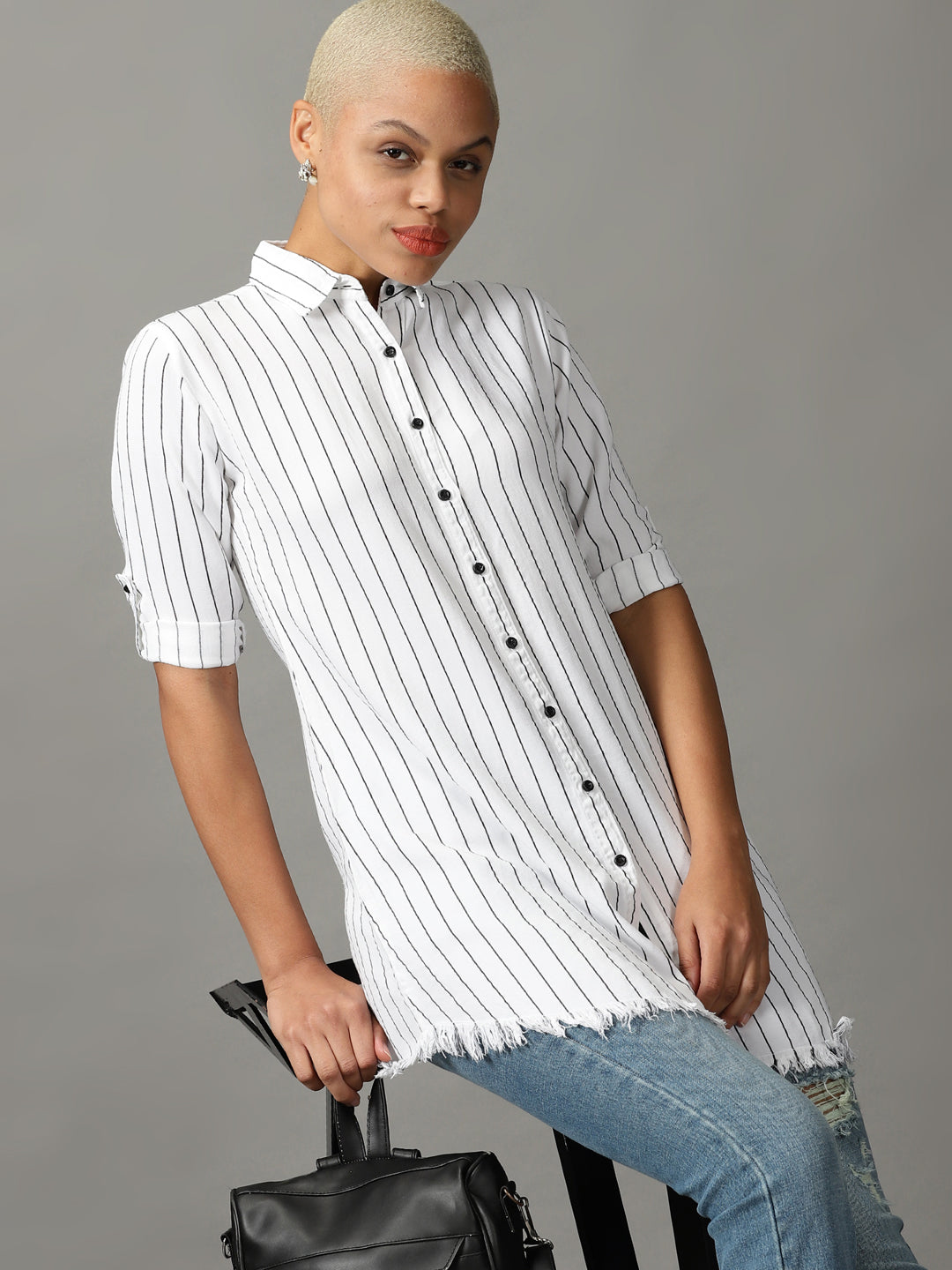 Women's White Striped Casual Longline Shirt