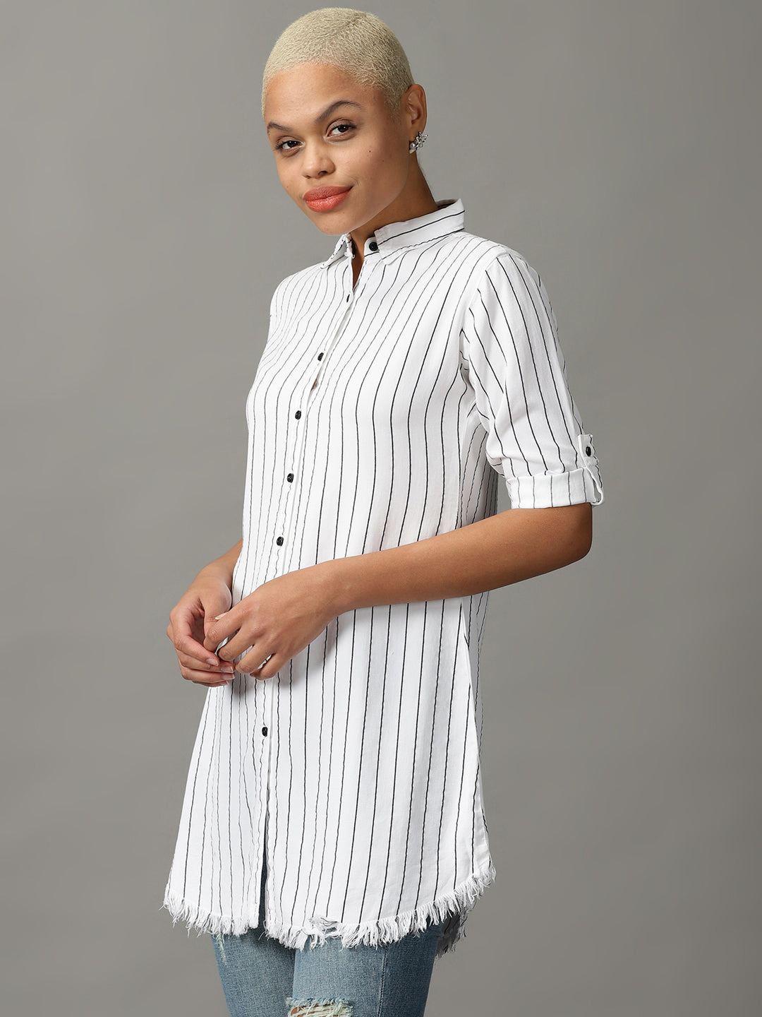 Women's White Striped Casual Longline Shirt