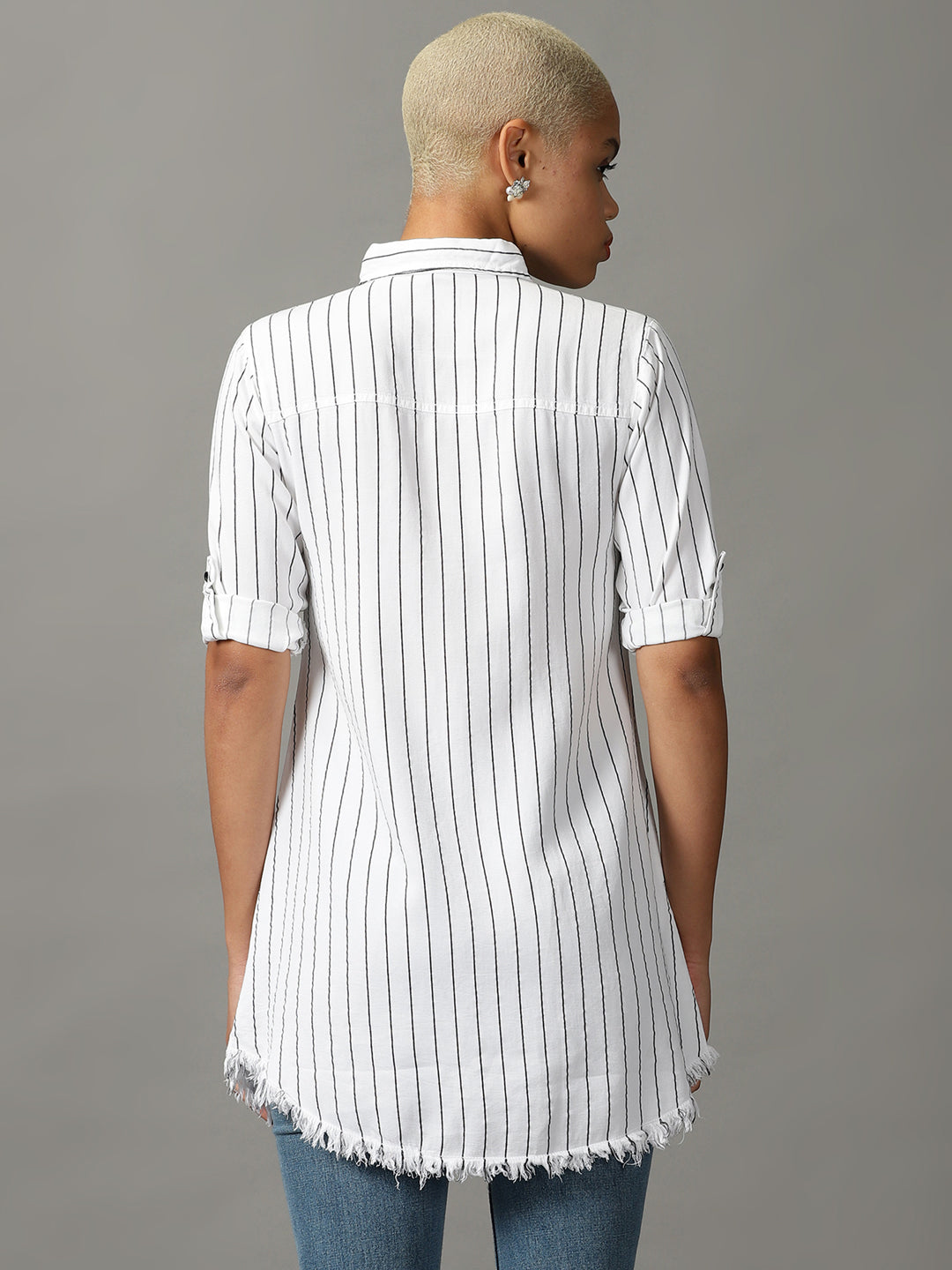 Women's White Striped Casual Longline Shirt