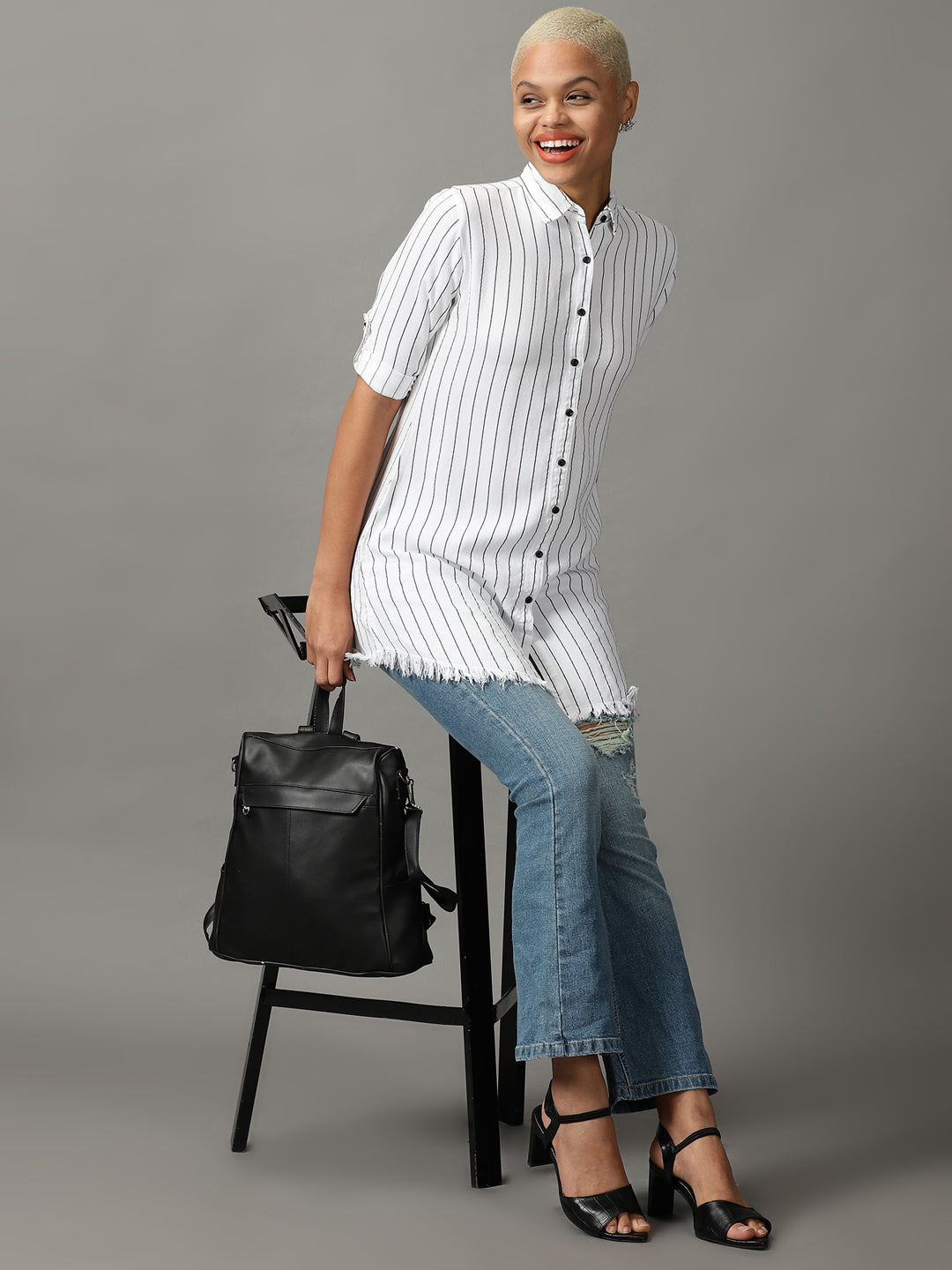 Women's White Striped Casual Longline Shirt