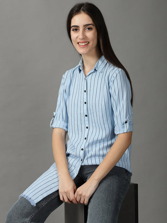 Women's Blue Striped Casual Longline Shirt