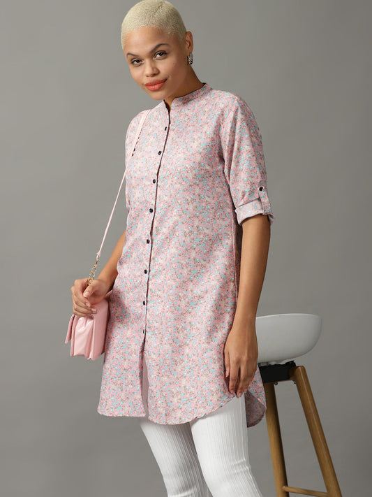 Women's Pink Floral Printed Longline Casual Shirt