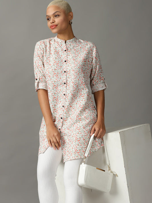 Women's White Floral Printed Casual Longline Shirt